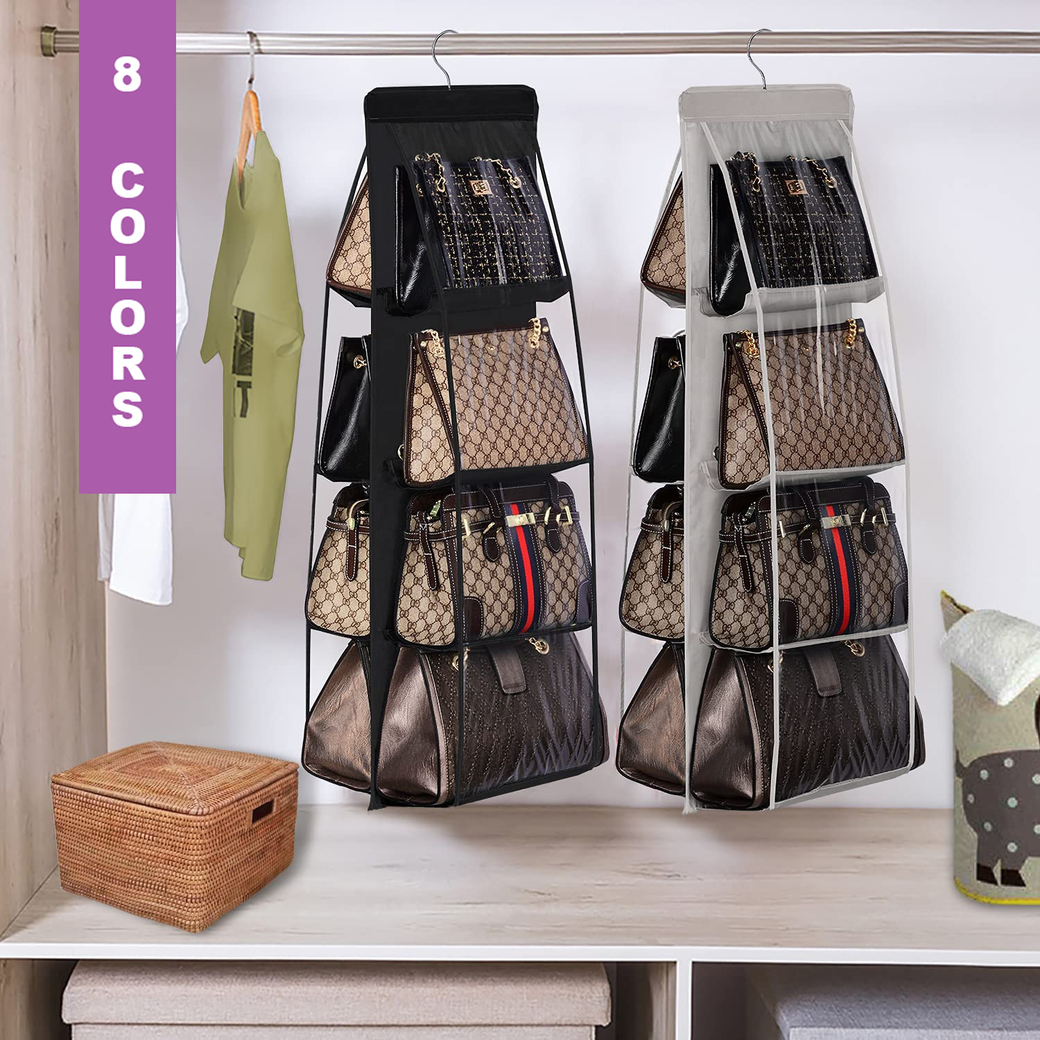 8 Pockets Hanging Closet Organizer Clear Foldable Handbag Purse